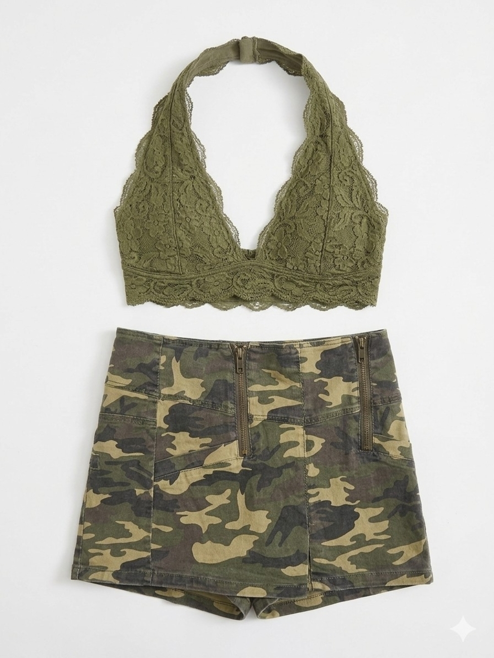 intro. Olive Lace Halter Bralette & Camo Mini Skirt Set